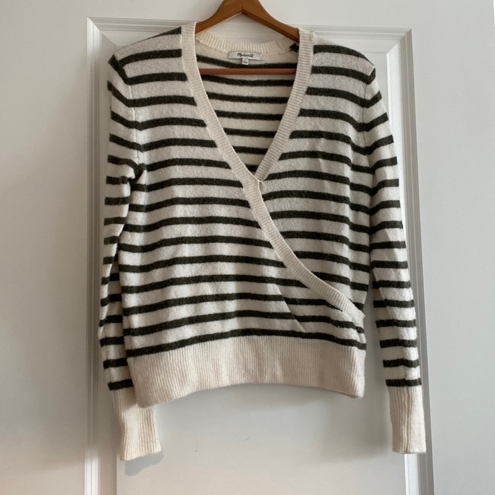 Green and white stripe wrap madewell sweater
